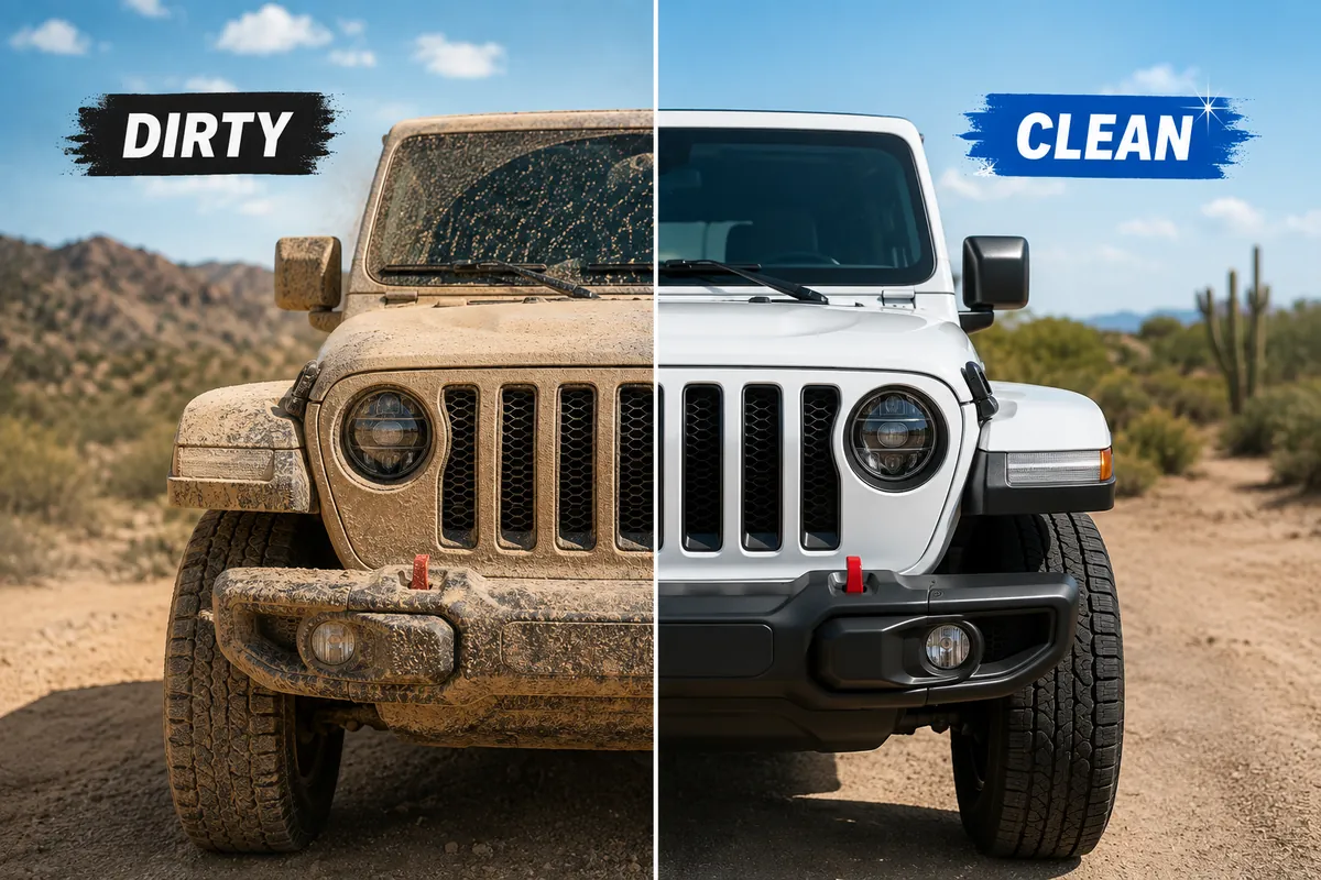 The same Jeep shown side by side — caked in dried mud on the left, spotless after its wash at Diamond Express Auto Wash on the right